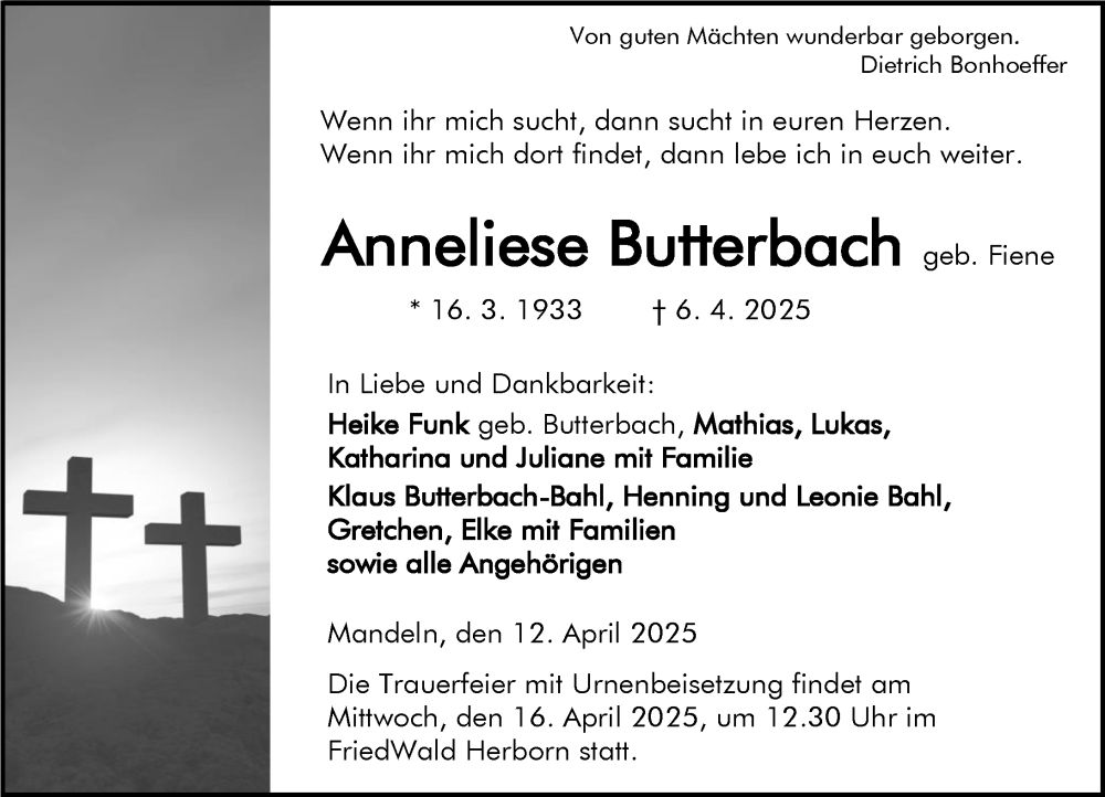  Traueranzeige für Anneliese Butterbach vom 12.04.2025 aus Dill Block