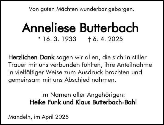 Traueranzeige von Anneliese Butterbach von Dill Block