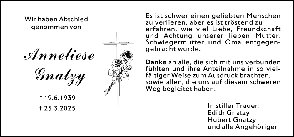  Traueranzeige für Anneliese Gnatzy vom 17.04.2025 aus Hochheimer Zeitung