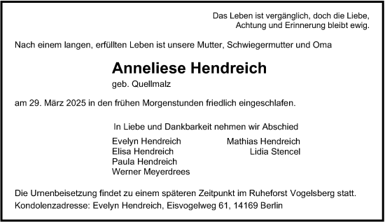 Traueranzeige von Anneliese Hendreich von Wetzlarer Neue Zeitung