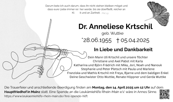 Traueranzeige von Anneliese Krtschil von Allgemeine Zeitung Mainz