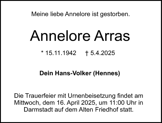 Traueranzeige von Annelore Arras von Darmstädter Echo