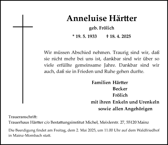 Traueranzeige von Anneluise Härtter von Allgemeine Zeitung Mainz