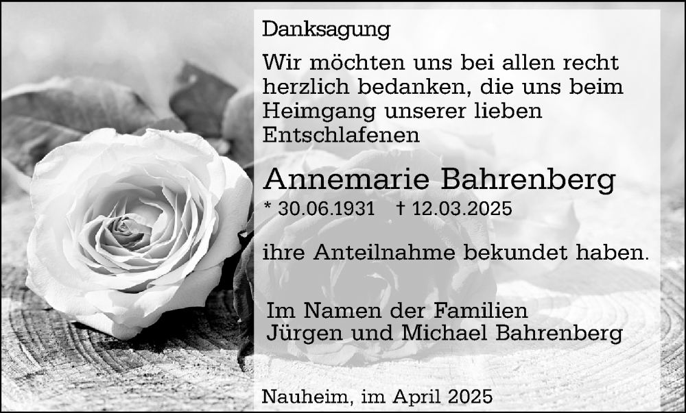  Traueranzeige für Annemarie Bahrenberg vom 26.04.2025 aus Groß-Gerauer Echo