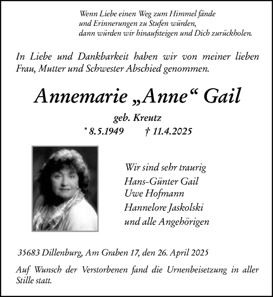 Traueranzeige von Annemarie Gail von Dill Block