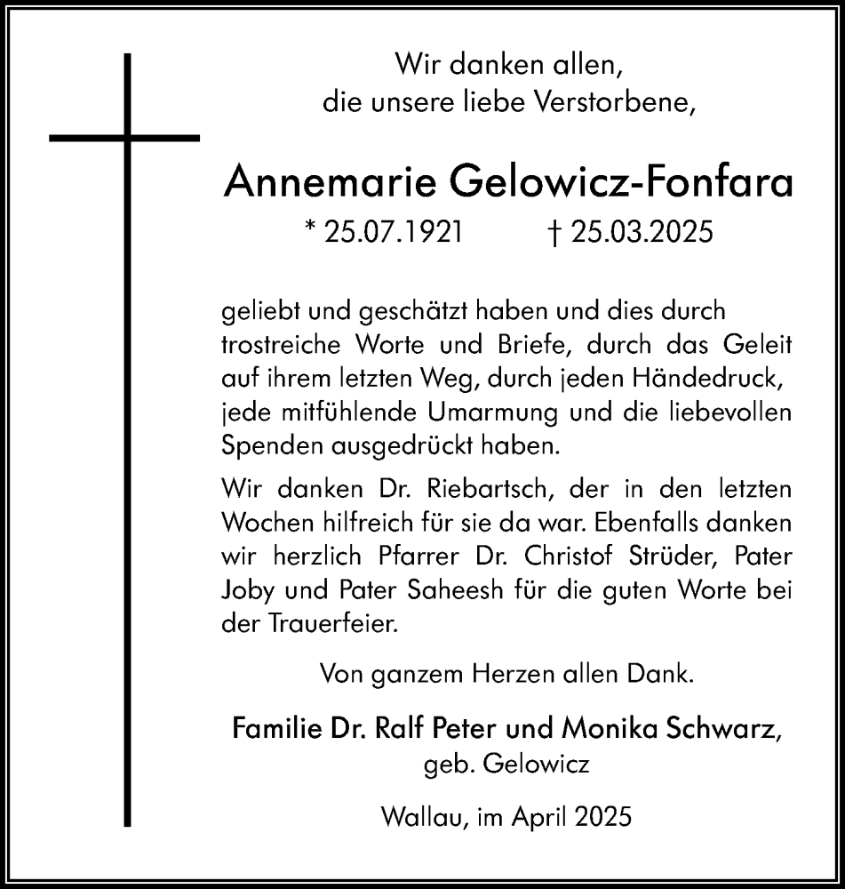  Traueranzeige für Annemarie Gelowicz-Fonfara vom 26.04.2025 aus Hinterländer Anzeiger