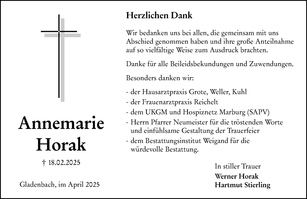  Traueranzeige für Annemarie Horak vom 19.04.2025 aus Hinterländer Anzeiger