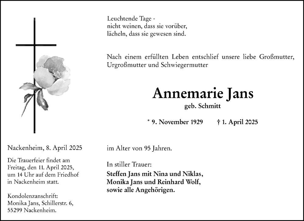  Traueranzeige für Annemarie Jans vom 08.04.2025 aus Allgemeine Zeitung Mainz