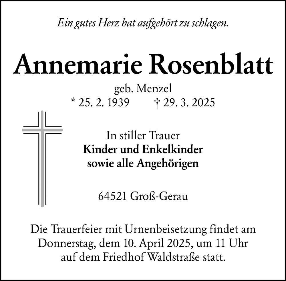  Traueranzeige für Annemarie Rosenblatt vom 05.04.2025 aus Groß-Gerauer Echo