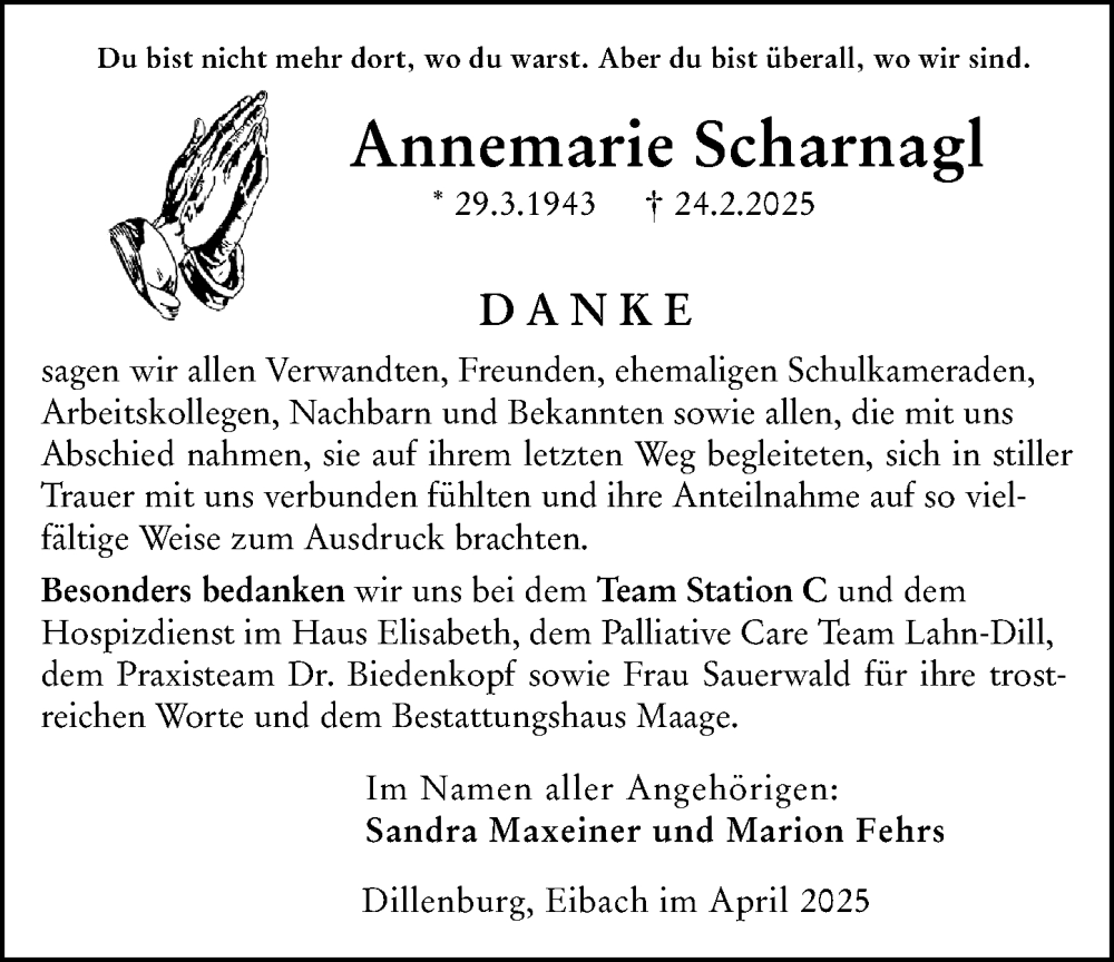  Traueranzeige für Annemarie Scharnagl vom 05.04.2025 aus Dill Block