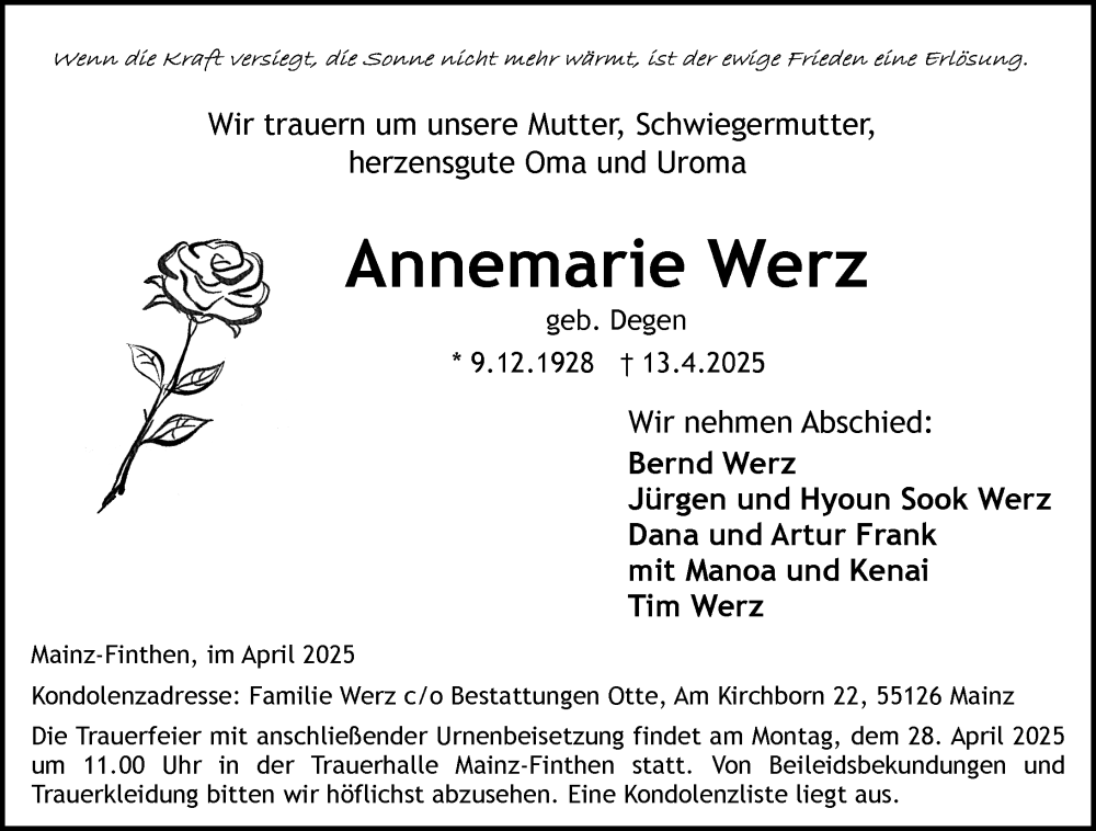  Traueranzeige für Annemarie Werz vom 26.04.2025 aus Allgemeine Zeitung Mainz
