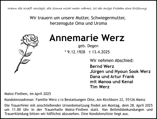 Traueranzeige von Annemarie Werz von Allgemeine Zeitung Mainz