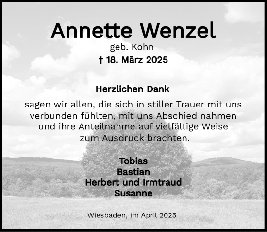 Traueranzeige von Annette Wenzel von Wiesbadener Kurier