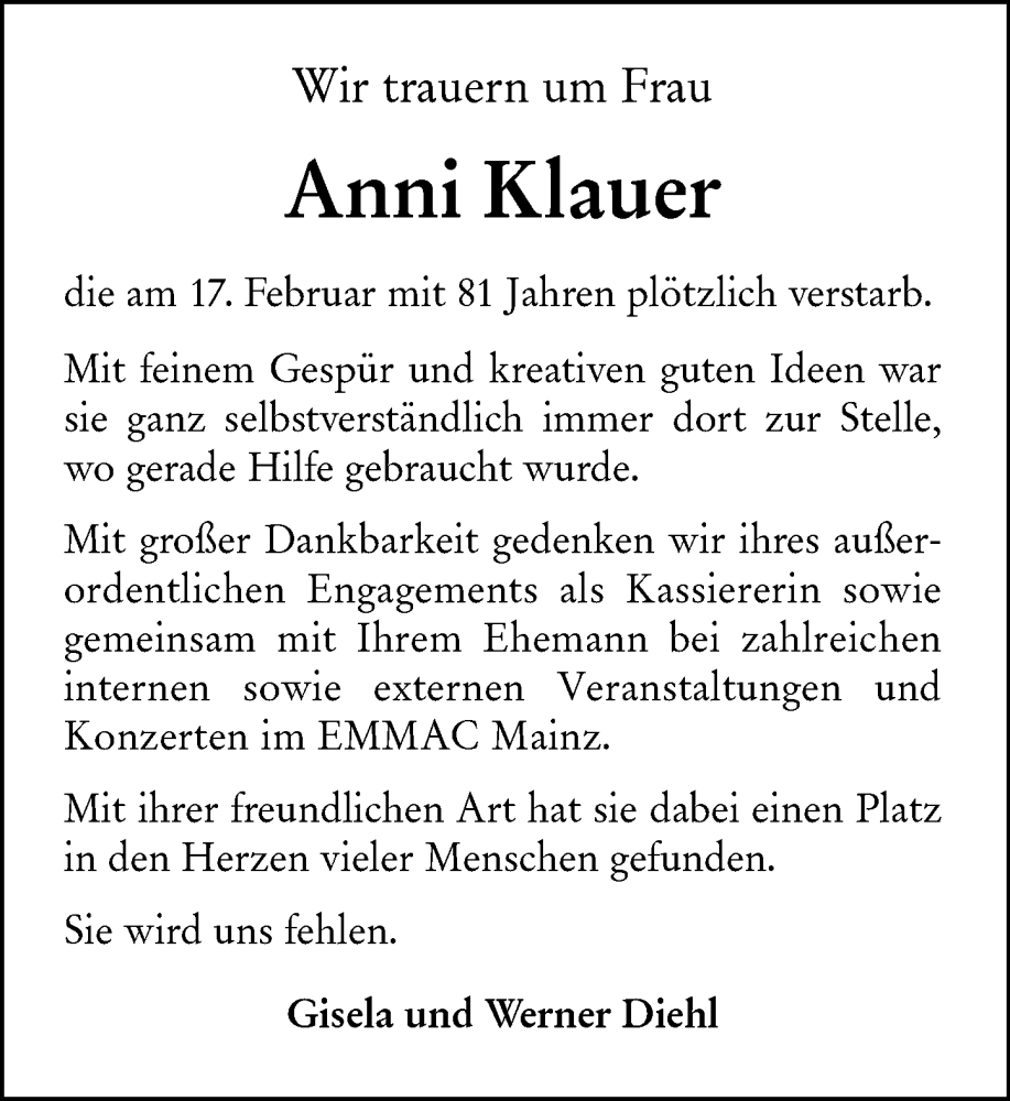  Traueranzeige für Anni Klauer vom 05.04.2025 aus Allgemeine Zeitung Mainz