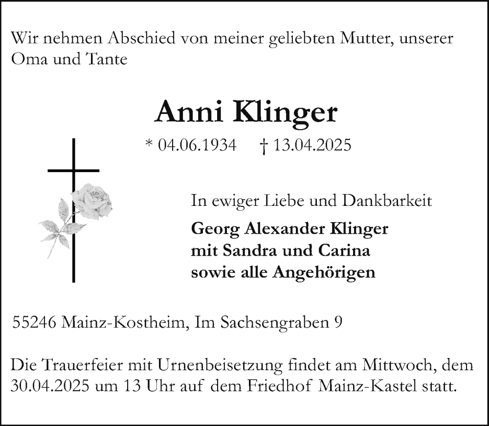  Traueranzeige für Anni Klinger vom 26.04.2025 aus Allgemeine Zeitung Mainz
