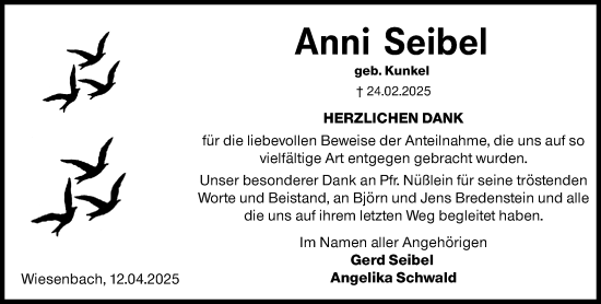 Traueranzeige von Anni Seibel von Hinterländer Anzeiger