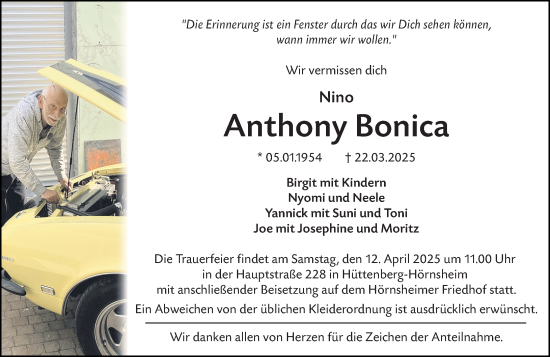 Traueranzeige von Anthony Bonica von Wetzlarer Neue Zeitung