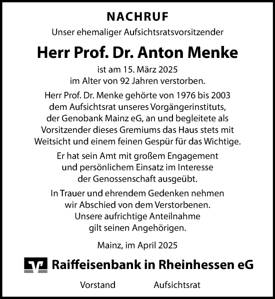Traueranzeige von Anton Menke von Allgemeine Zeitung Mainz