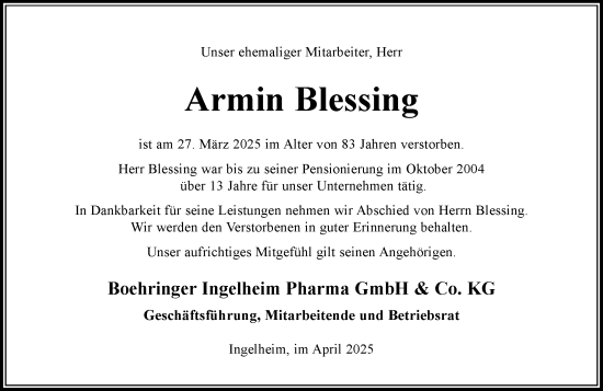Traueranzeige von Armin Blessing von Allgemeine Zeitung Rheinhessen-Nahe