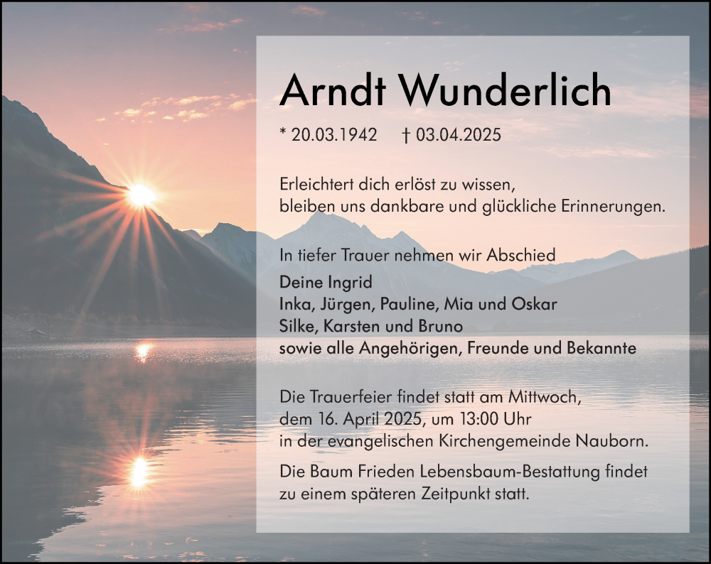  Traueranzeige für Arndt Wunderlich vom 12.04.2025 aus Wetzlarer Neue Zeitung