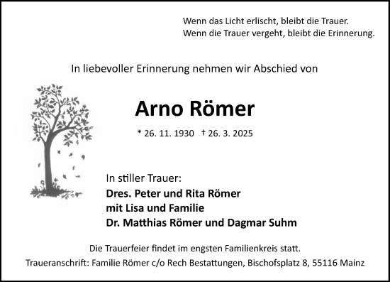 Traueranzeige von Arno Römer von Allgemeine Zeitung Mainz