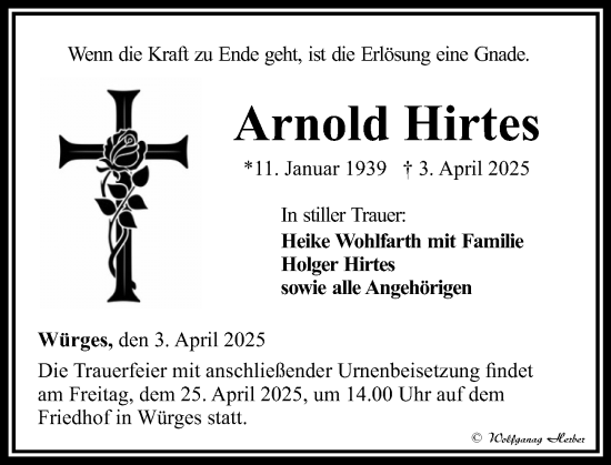 Traueranzeige von Arnold Hirtes von Camberger Anzeiger