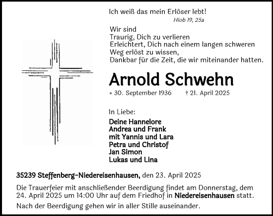 Traueranzeige von Arnold Schwehn von Hinterländer Anzeiger