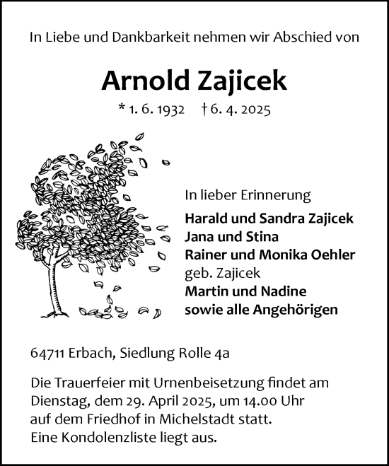 Traueranzeige von Arnold Zajicek von Odenwälder Echo