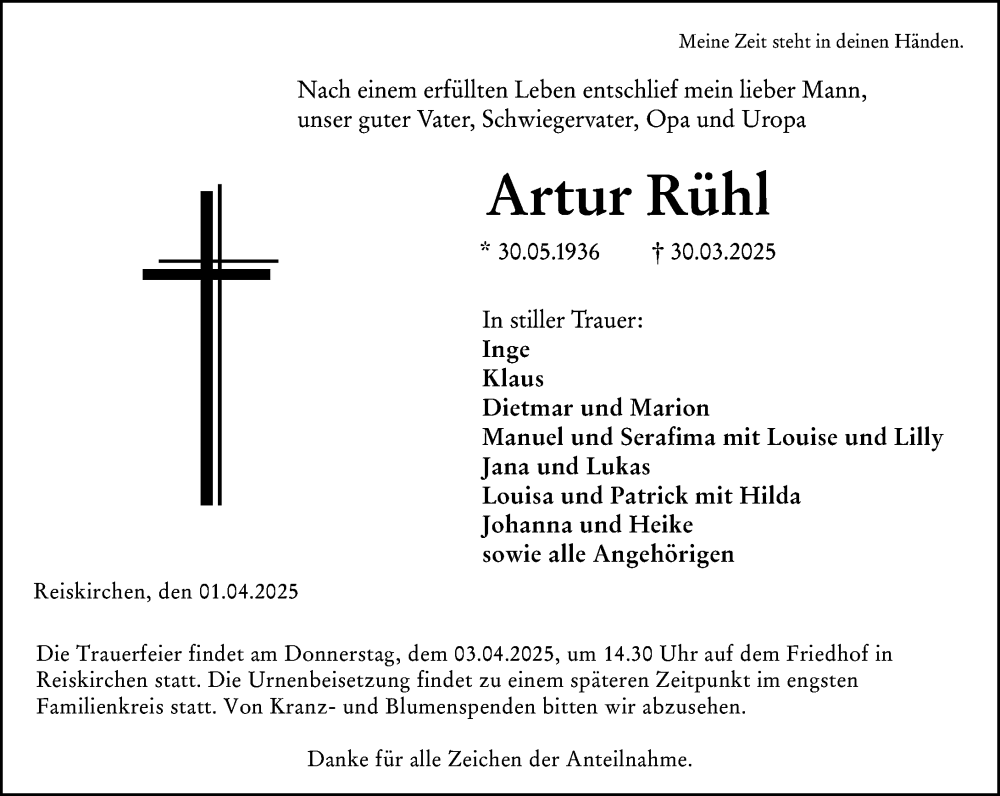  Traueranzeige für Artur Rühl vom 01.04.2025 aus Wetzlarer Neue Zeitung