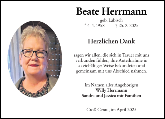 Traueranzeige von Beate Herrmann von Groß-Gerauer Echo