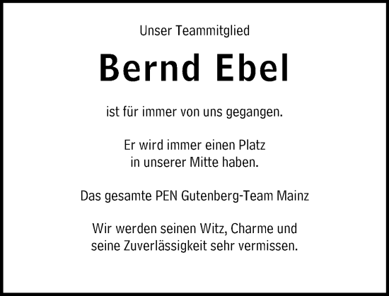 Traueranzeige von Bernd Ebel von Allgemeine Zeitung Mainz