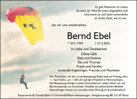 Traueranzeige von Bernd Ebel von Allgemeine Zeitung Mainz