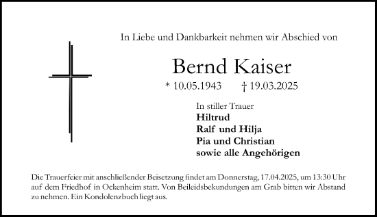 Traueranzeige von Bernd Kaiser von Allgemeine Zeitung Rheinhessen-Nahe