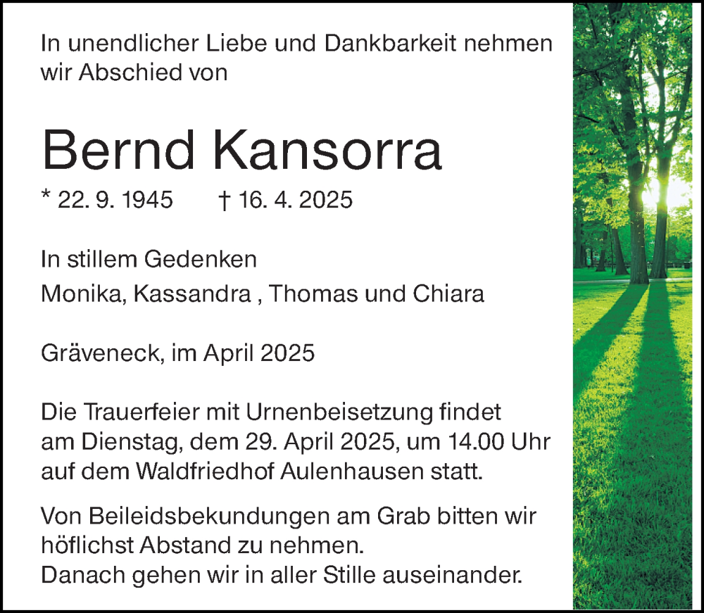  Traueranzeige für Bernd Kansorra vom 25.04.2025 aus Weilburger Tageblatt