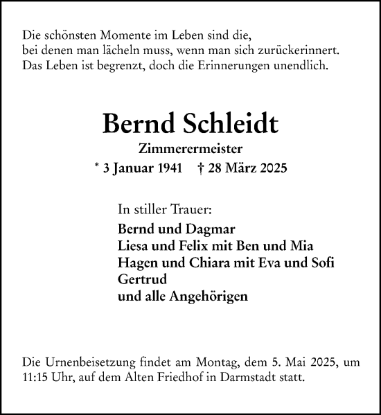 Traueranzeige von Bernd Schleidt von Darmstädter Echo