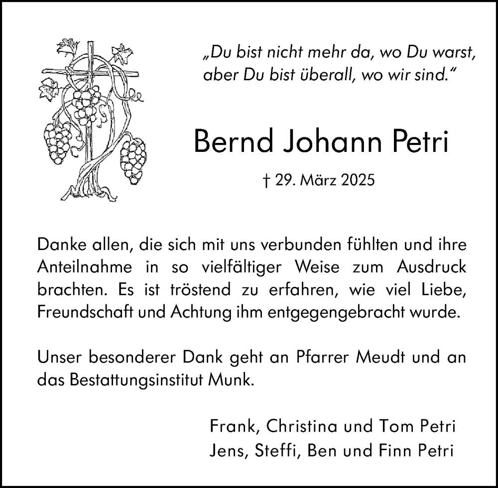 Traueranzeige für Bernd Johann Petri vom 17.04.2025 aus Hochheimer Zeitung
