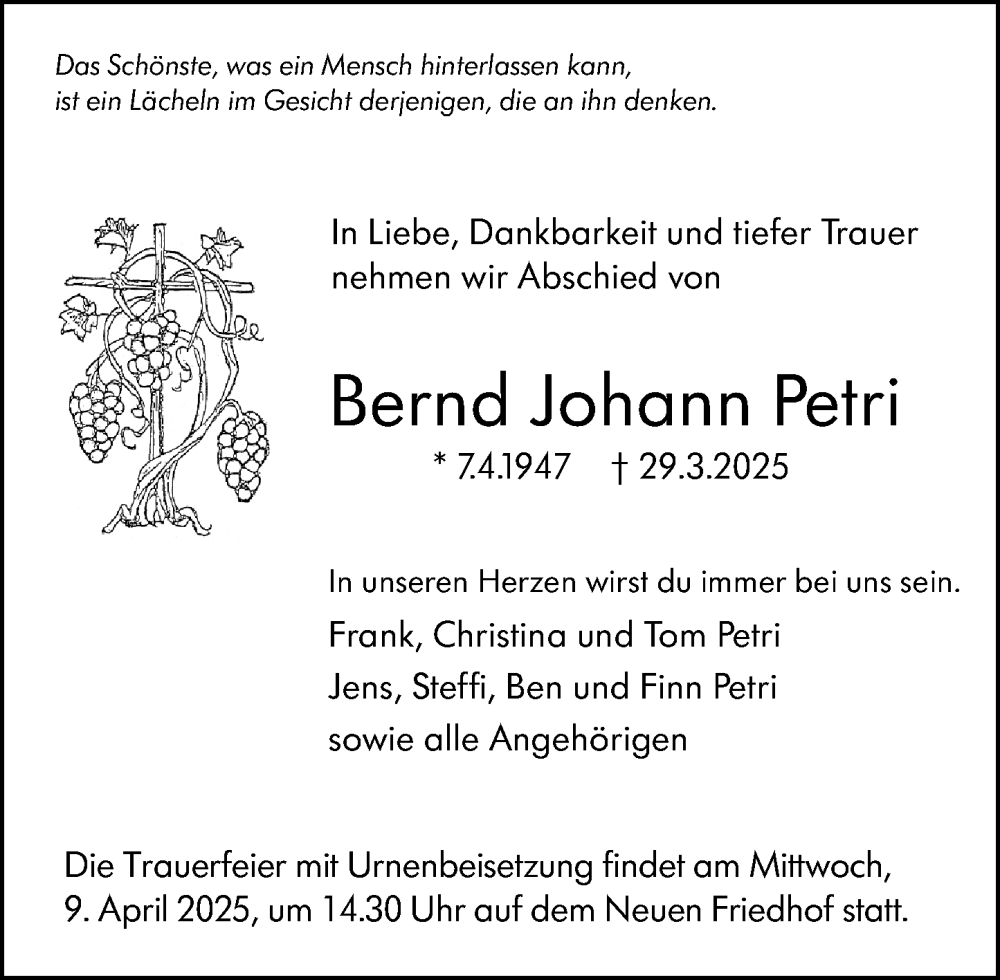  Traueranzeige für Bernd Johann Petri vom 04.04.2025 aus Hochheimer Zeitung