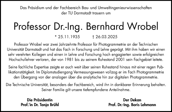 Traueranzeige von Bernhard Wrobel von Darmstädter Echo