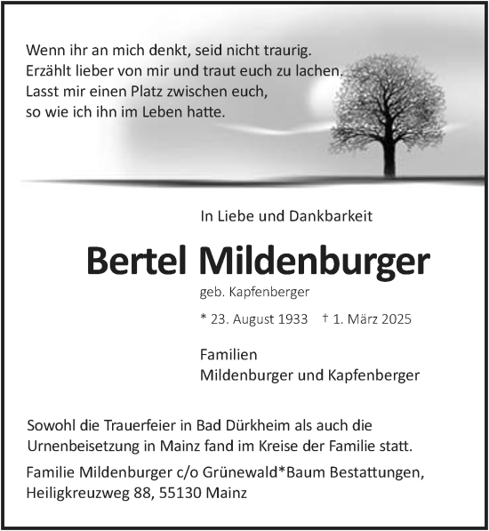 Traueranzeige von Bertel Mildenburger von Allgemeine Zeitung Mainz
