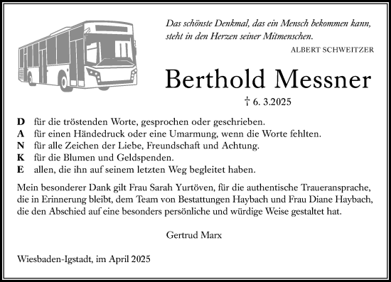 Traueranzeige von Berthold Messner von Wiesbadener Kurier