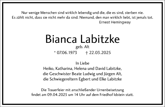 Traueranzeige von Bianca Labitzke von Wiesbadener Kurier