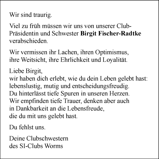 Traueranzeige von Birgit Fischer-Radtke von Wormser Zeitung