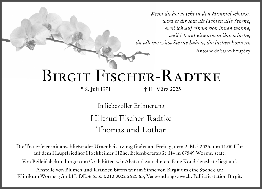  Traueranzeige für Birgit Fischer-Radtke vom 12.04.2025 aus Wormser Zeitung