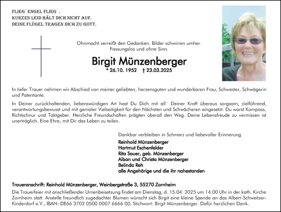 Traueranzeige von Birgit Münzenberger von Allgemeine Zeitung Mainz