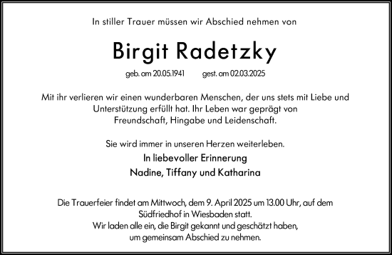 Traueranzeige von Birgit Radetzky von Wiesbadener Kurier