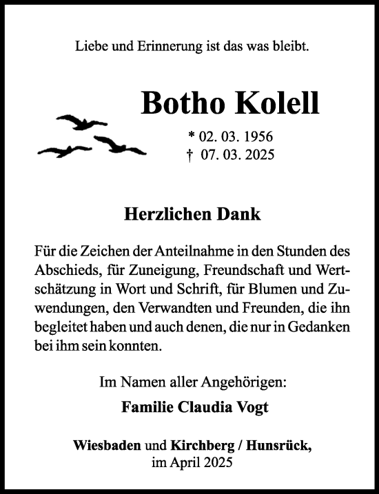 Traueranzeige von Botho Kolell von Wiesbadener Kurier