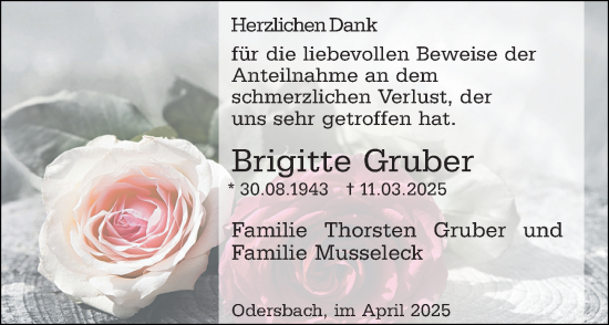 Traueranzeige von Brigitte Gruber von Weilburger Tageblatt