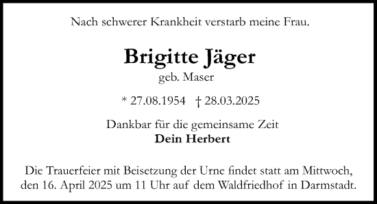 Traueranzeige von Brigitte Jäger von Darmstädter Echo