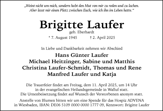 Traueranzeige von Brigitte Laufer von Wiesbadener Kurier