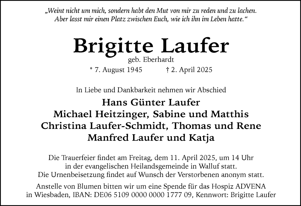  Traueranzeige für Brigitte Laufer vom 05.04.2025 aus Wiesbadener Kurier